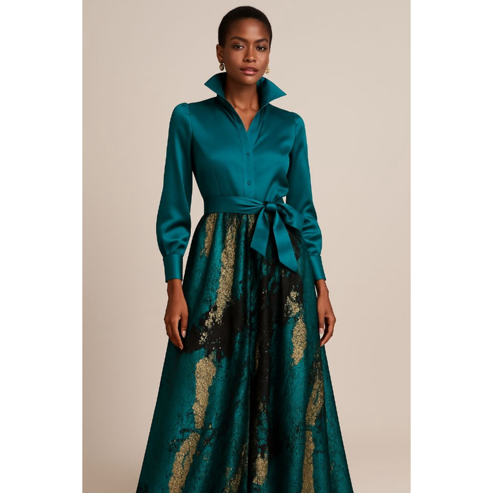 A-line Taffeta and Metallic Jacquard Shirt Gown